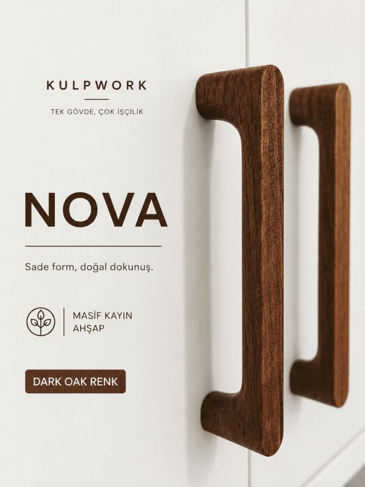 NOVA Dark Oak Renk Masif Ahşap Mobilya kulpu Mutfak Dolap ve Çekmece Kulpu 160mm (16 cm)