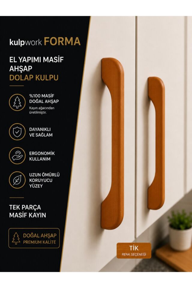 Forma Tik Rengi Masif Ahşap Mobilya Kulpu Mutfak Dolap ve Çekmece Kulpu Natural 96mm 128mm 160mm (9,6cm 12,8cm 16cm)